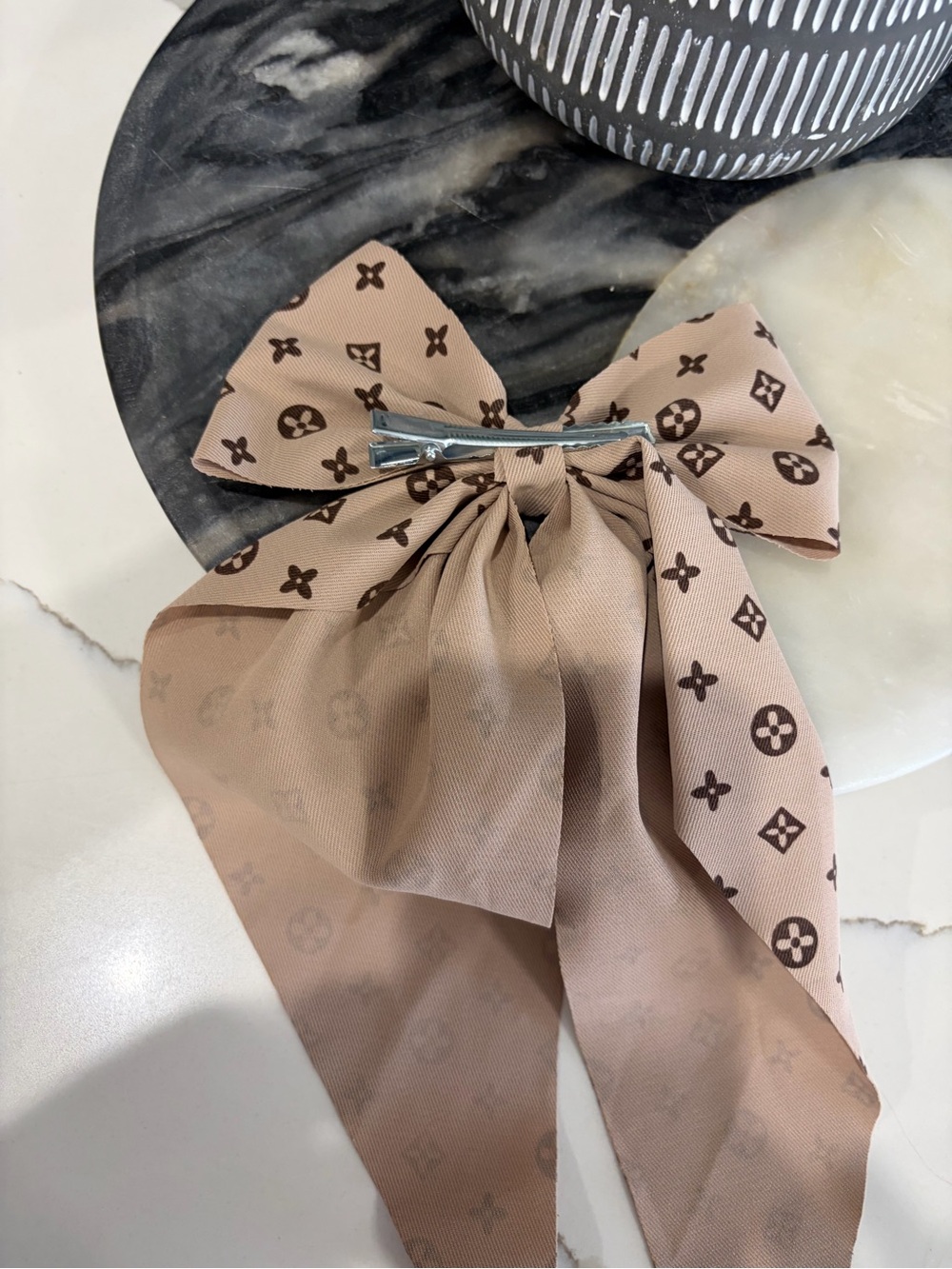 Monogram Pattern Beige Bow Hair Scarf - Picture 3 of 3